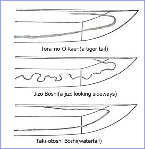 Example of unique Boshi(Japanese sword kissaki hamon) - Jizo Boshi, Tora-no-O Kaeri boshi, Taki-otoshi boshi