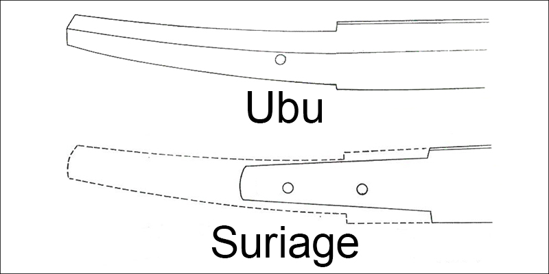 Illustration of Japanese sword tang Nakago: Ubu and Suriage