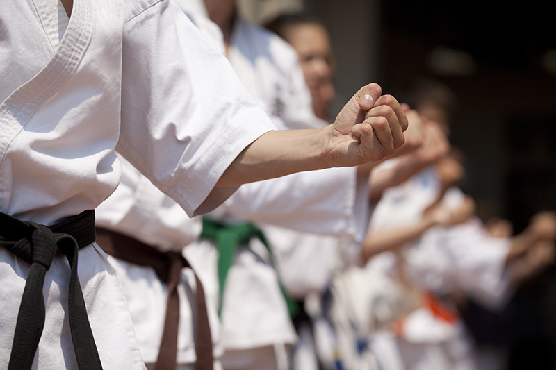 A close up of Karate practioners practicing; they are practicing forms being led by a blackbelt, the others are wearing belts of different colours.