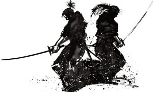 Brush painting of Musashi versus Yoshioka Seijuro