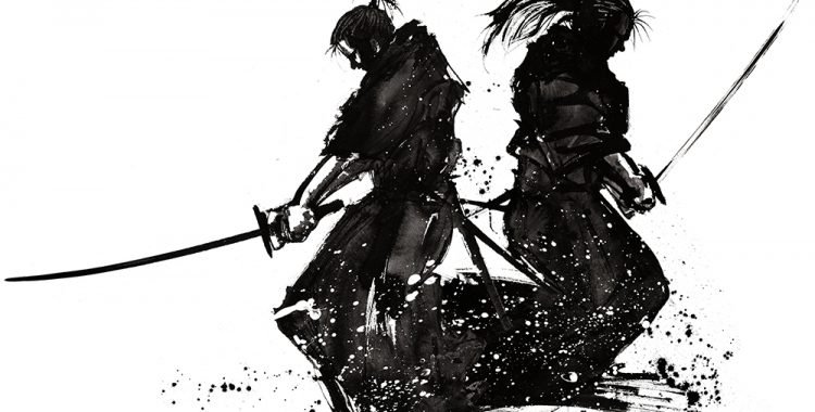Brush painting of Musashi versus Yoshioka Seijuro